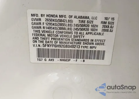 2016 Honda Pilot Touring из США, поврежденный, VIN 5FNYF6H92GB040213